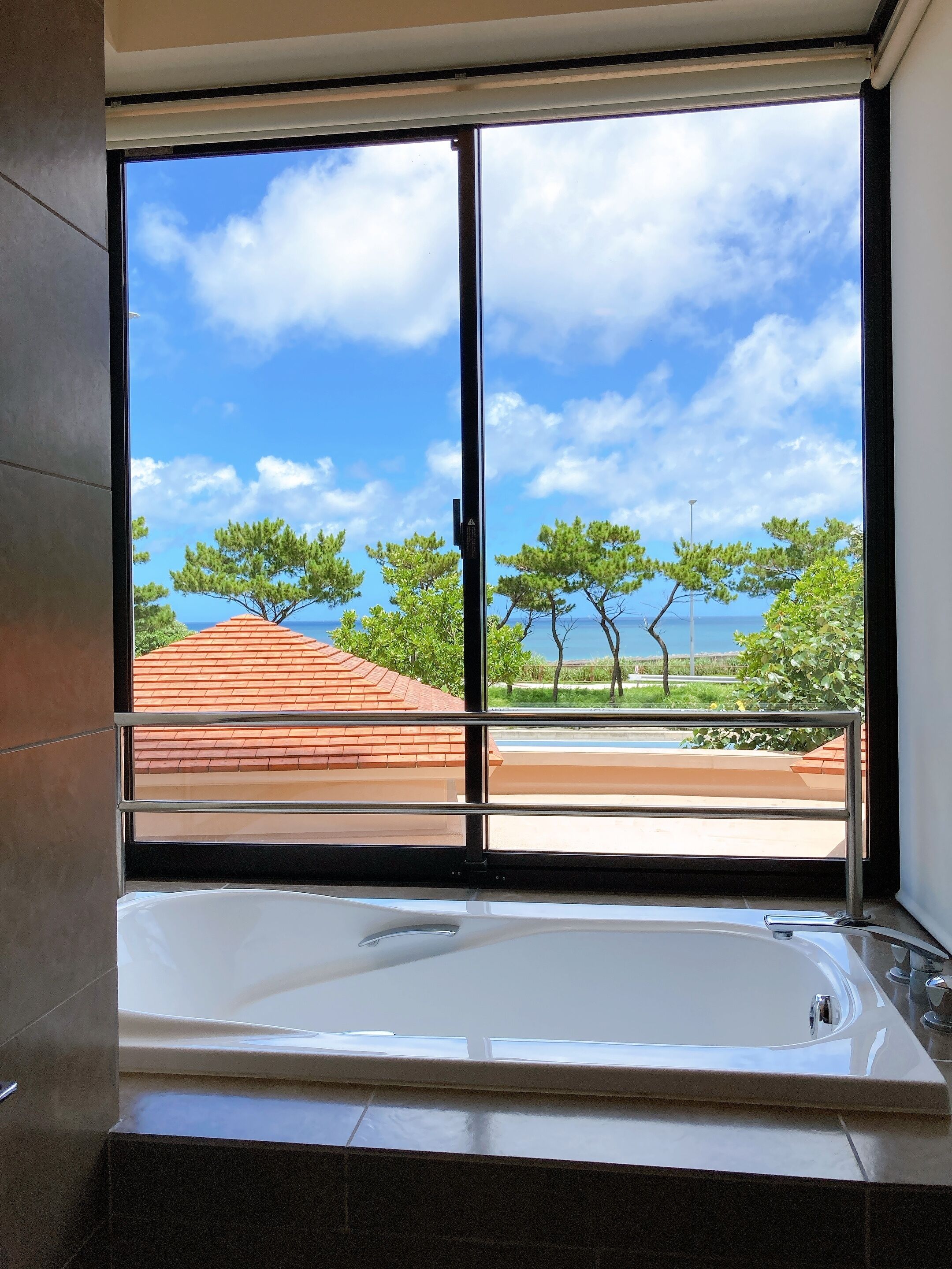 A bathroom with a large bathtub, a window with a view of trees and a building with a red roof.