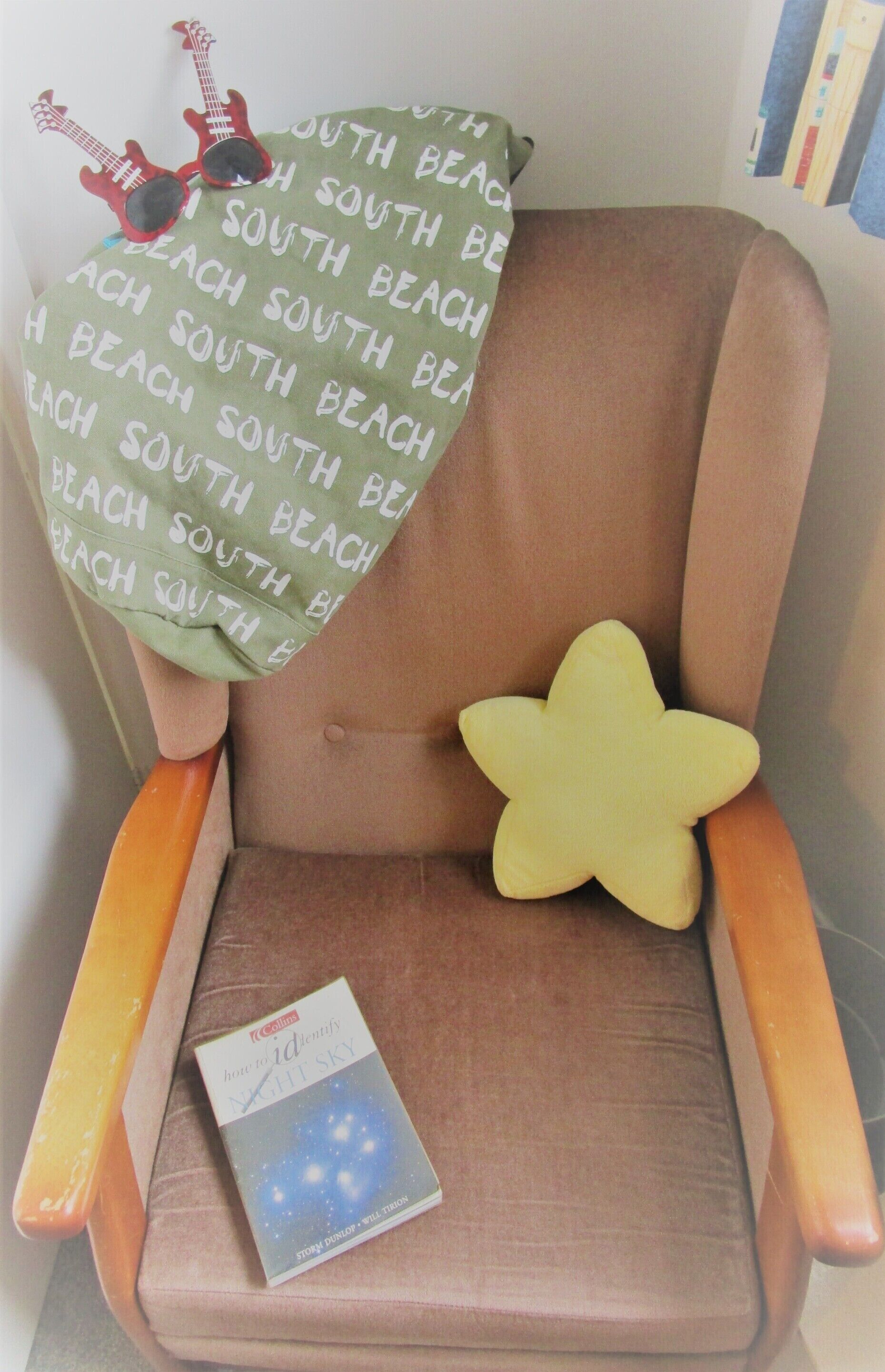 Un sillón marrón con un cojín verde y un cojín amarillo con forma de estrella. Un libro titulado 'Cómo identificar el Cielo de Xilófono' está colocado en el reposabrazos.