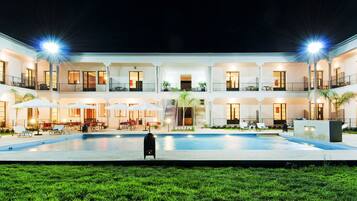 Outdoor pool, pool umbrellas, pool loungers