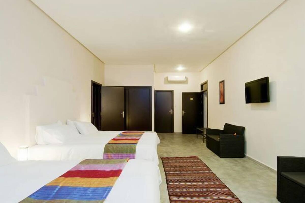 Habitación de hotel con dos camas, un sofá, un televisor y un tapete estampado.