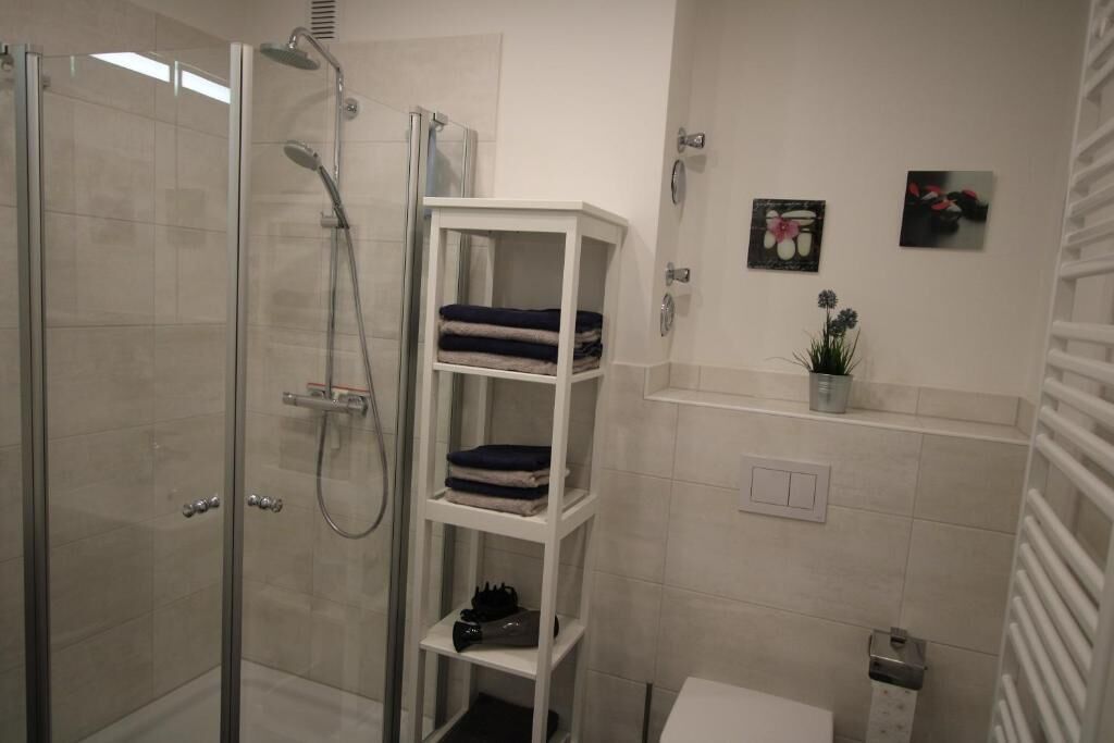 A modern bathroom with a glass shower enclosure, a white shelving unit with folded towels, and a small potted plant on the wall.