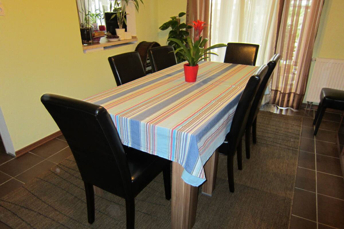 A dining area with a striped tablecloth, black chairs, and a potted plant.