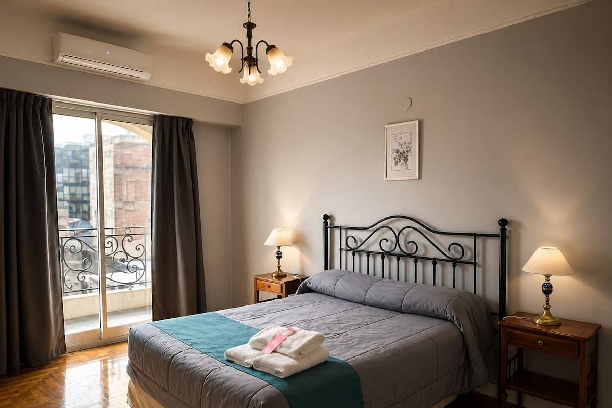 A hotel room with a bed, two bedside tables with lamps, a chandelier, a window with curtains, and a city view.