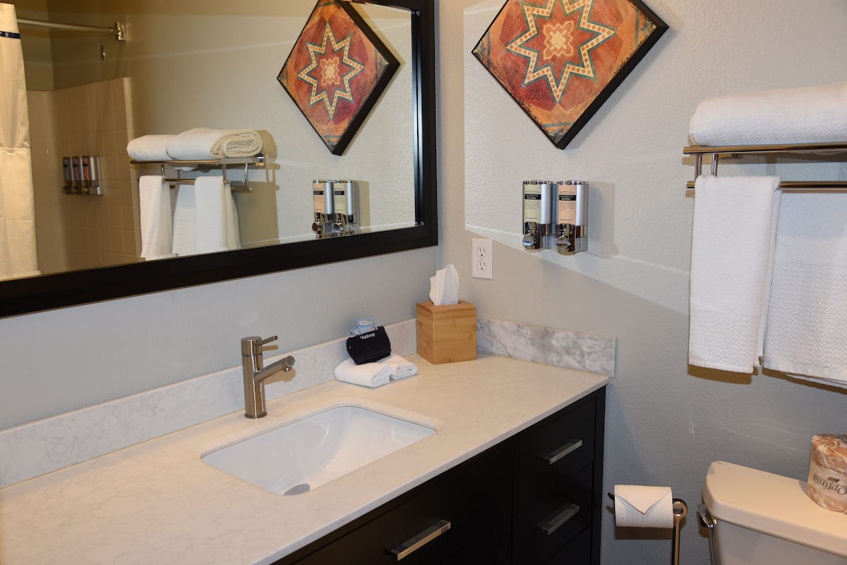 standard room, 1 king bed | bathroom | combined shower/bathtub, free toiletries, hair dryer, towels