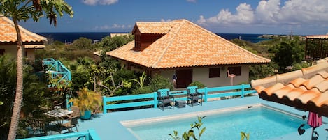 Piscine extérieure, parasols, chaises longues