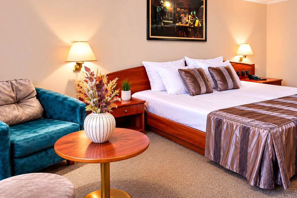 Una habitación de hotel con una cama, un sillón azul, una mesa redonda de madera con un jarrón y una mesita de noche con una lámpara.