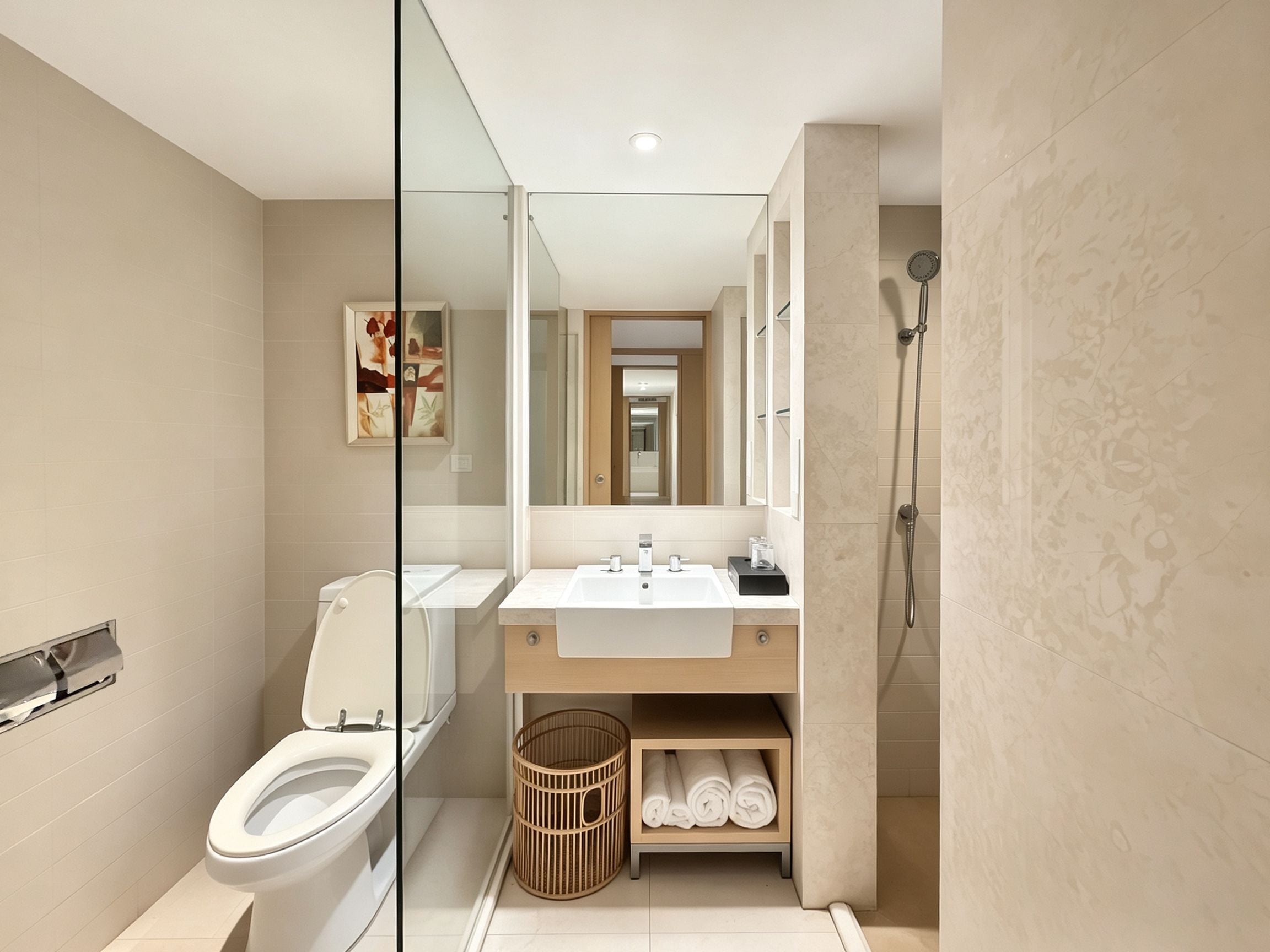 A modern bathroom with a toilet, a sink, a shower, and a glass partition.
