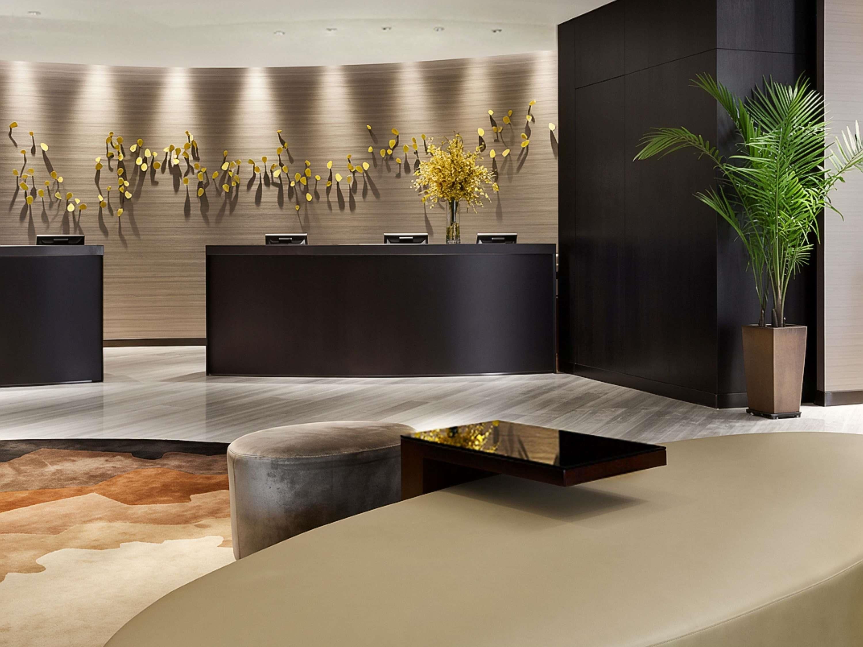 Una moderna zona de recepción con un mostrador, una planta en maceta grande y una pared decorativa con motivos de hojas.