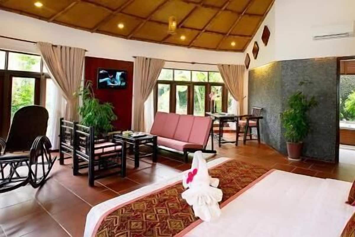 A hotel room with a bed, a sofa, a TV, a dining table, chairs, and potted plants.