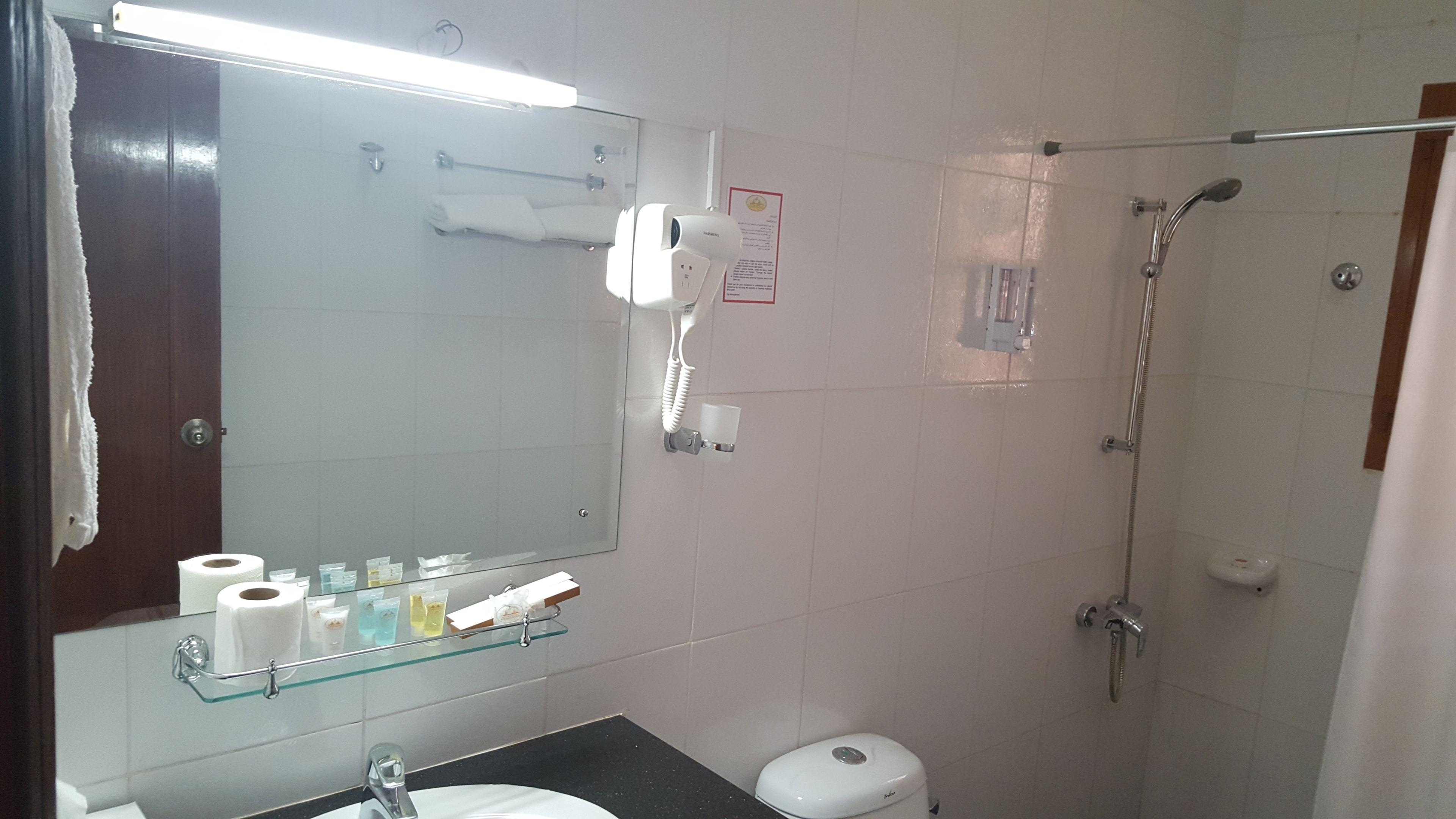 Een badkamer met een glazen plankje met toiletartikelen, een wit toilet, een douche met een handdouche en een spiegel met een handdoek aan de deur.