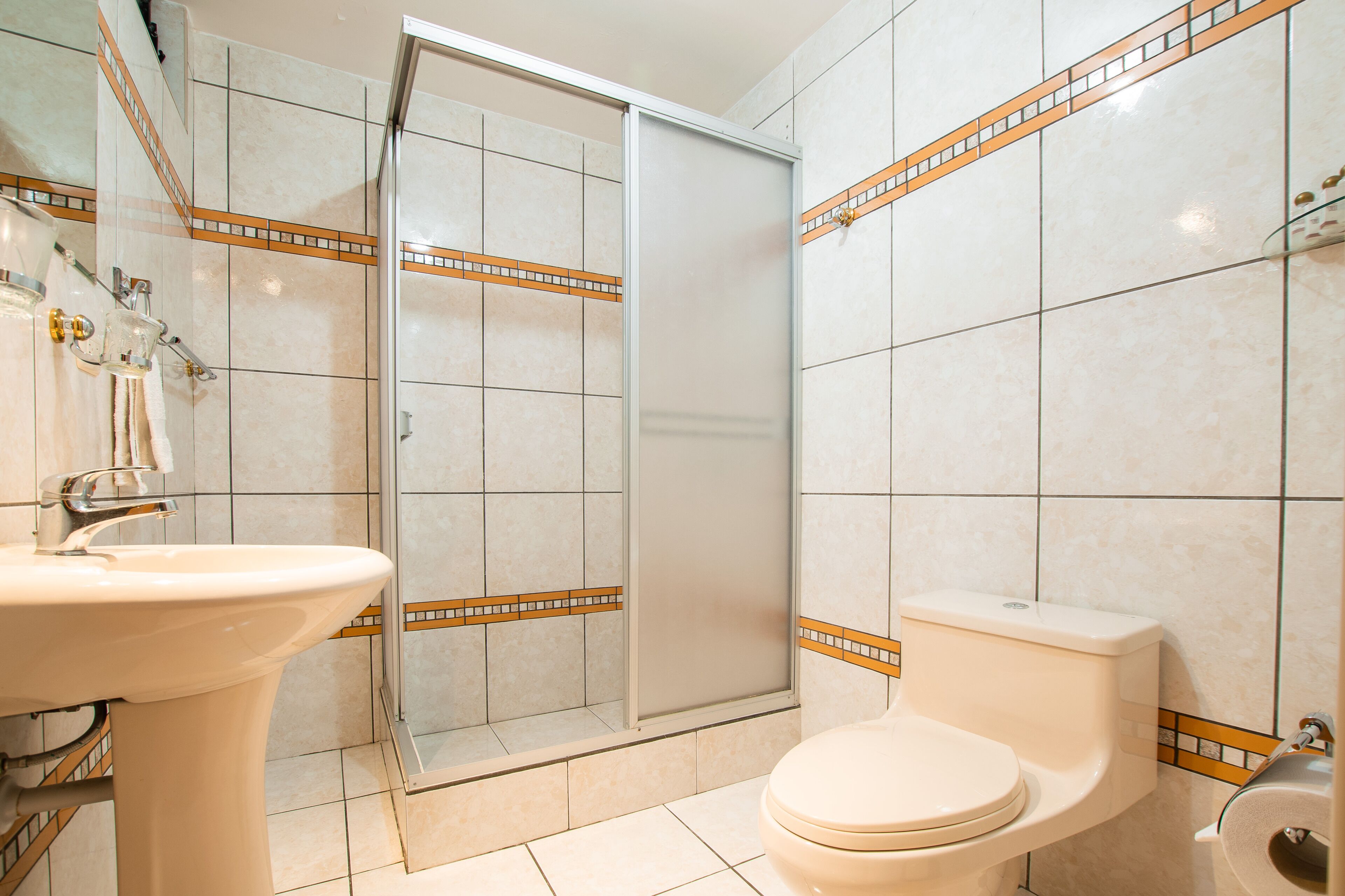 shower, rainfall showerhead, free toiletries, hair dryer