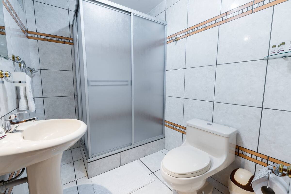 shower, rainfall showerhead, free toiletries, hair dryer