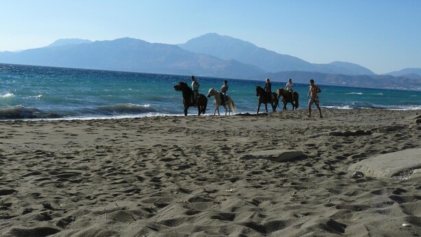 A beach with people riding horses, a clear sky, and mountains in the background. - Nana Apartments (Faistos)