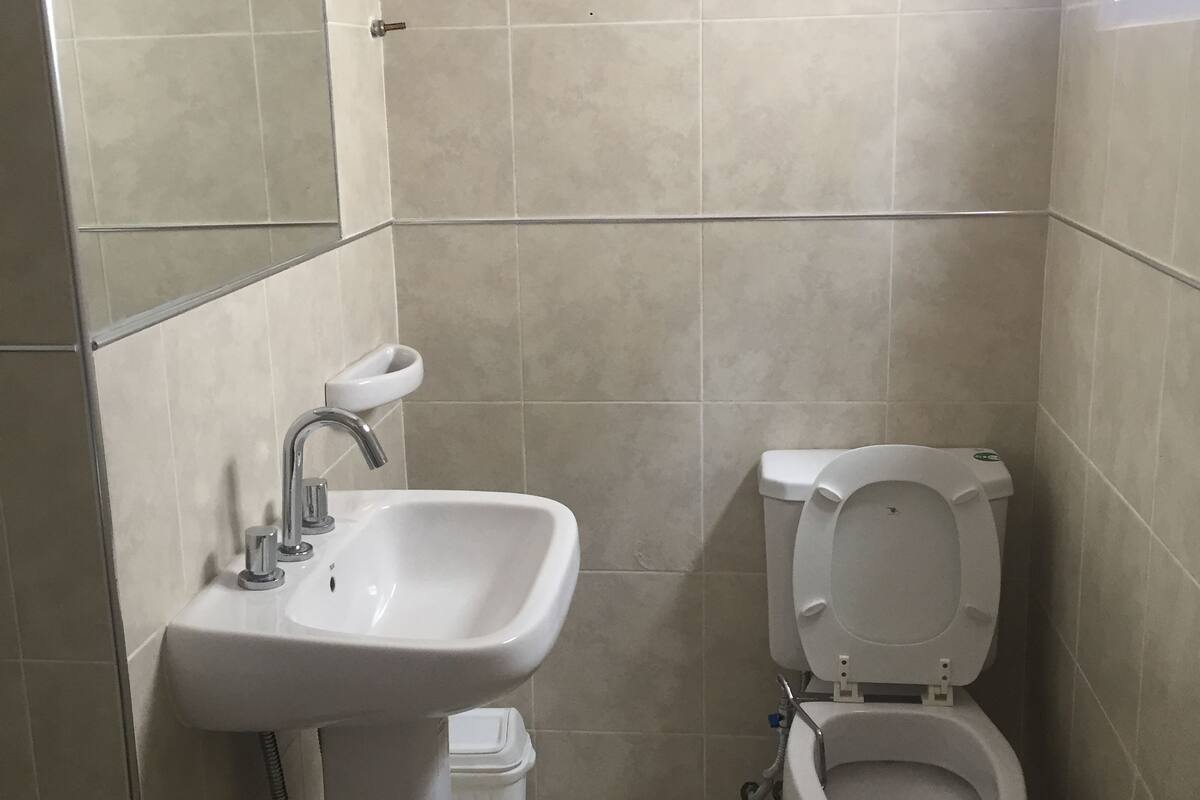 A small bathroom with a sink, toilet, and mirror.
