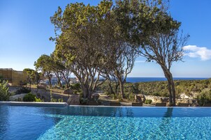 Una piscina infinita con agua azul cristalina, rodeada de árboles y vistas al mar.