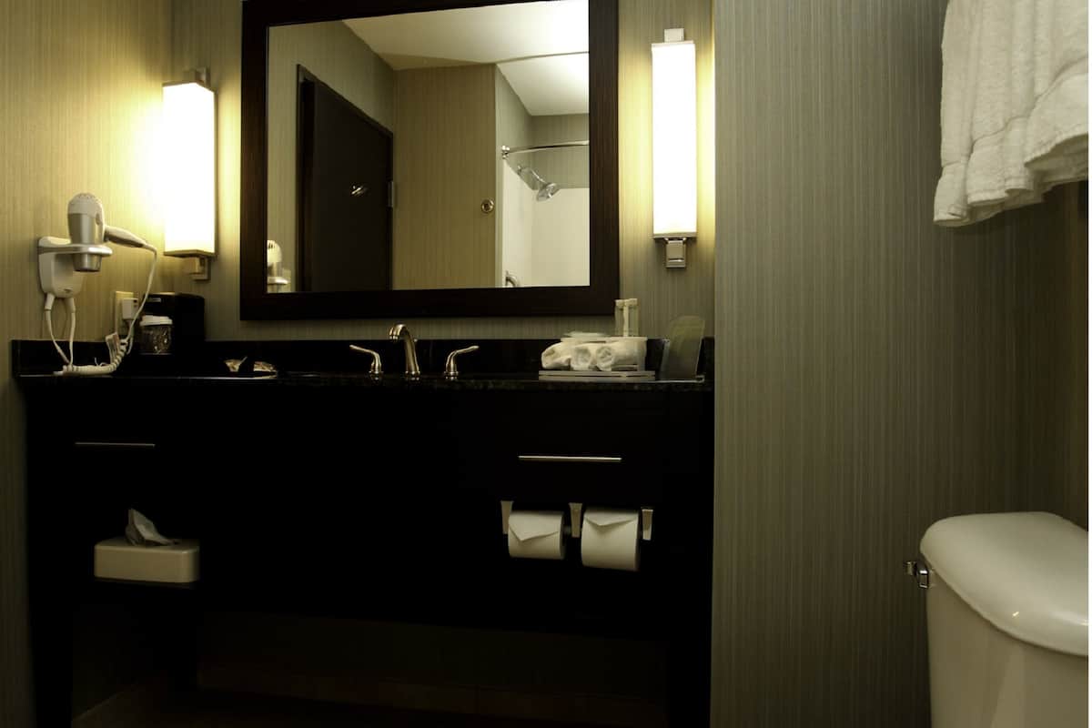A bathroom with a toilet, sink, and mirror.