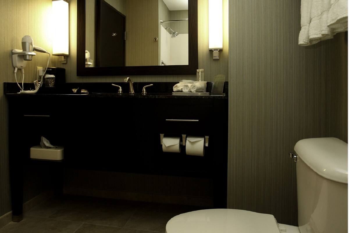 combined shower/bathtub, hair dryer, towels