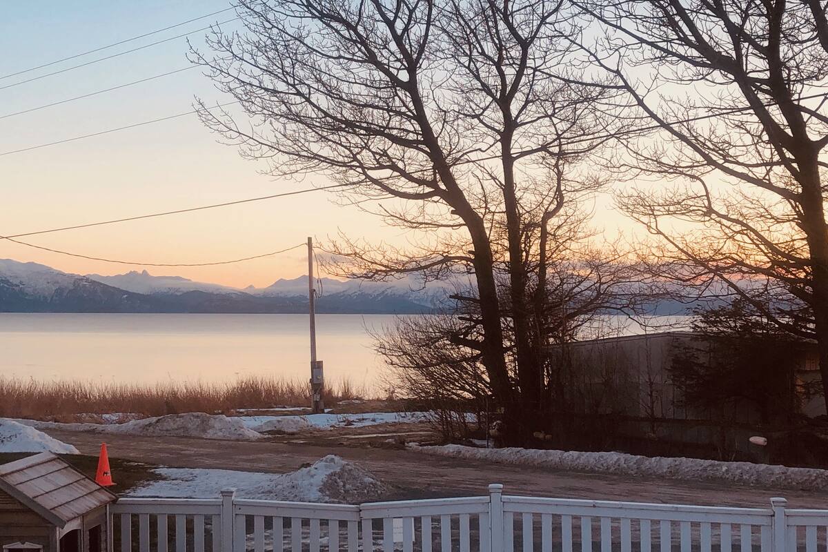 Une vue sur le lac, avec une clôture en bois, un poteau électrique et un sol recouvert de neige.