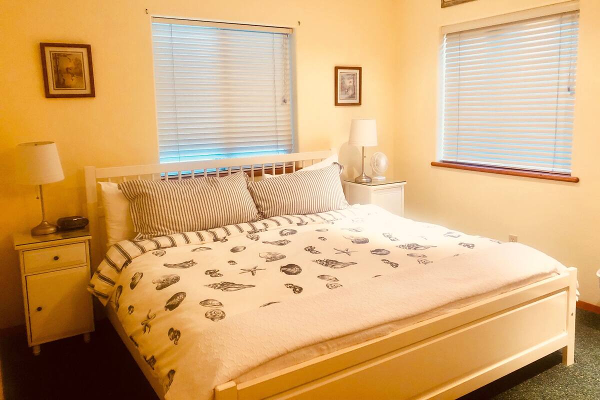 Une chambre à coucher comprenant un lit, deux tables de chevet, une commode, une lampe et deux fenêtres équipées de stores.