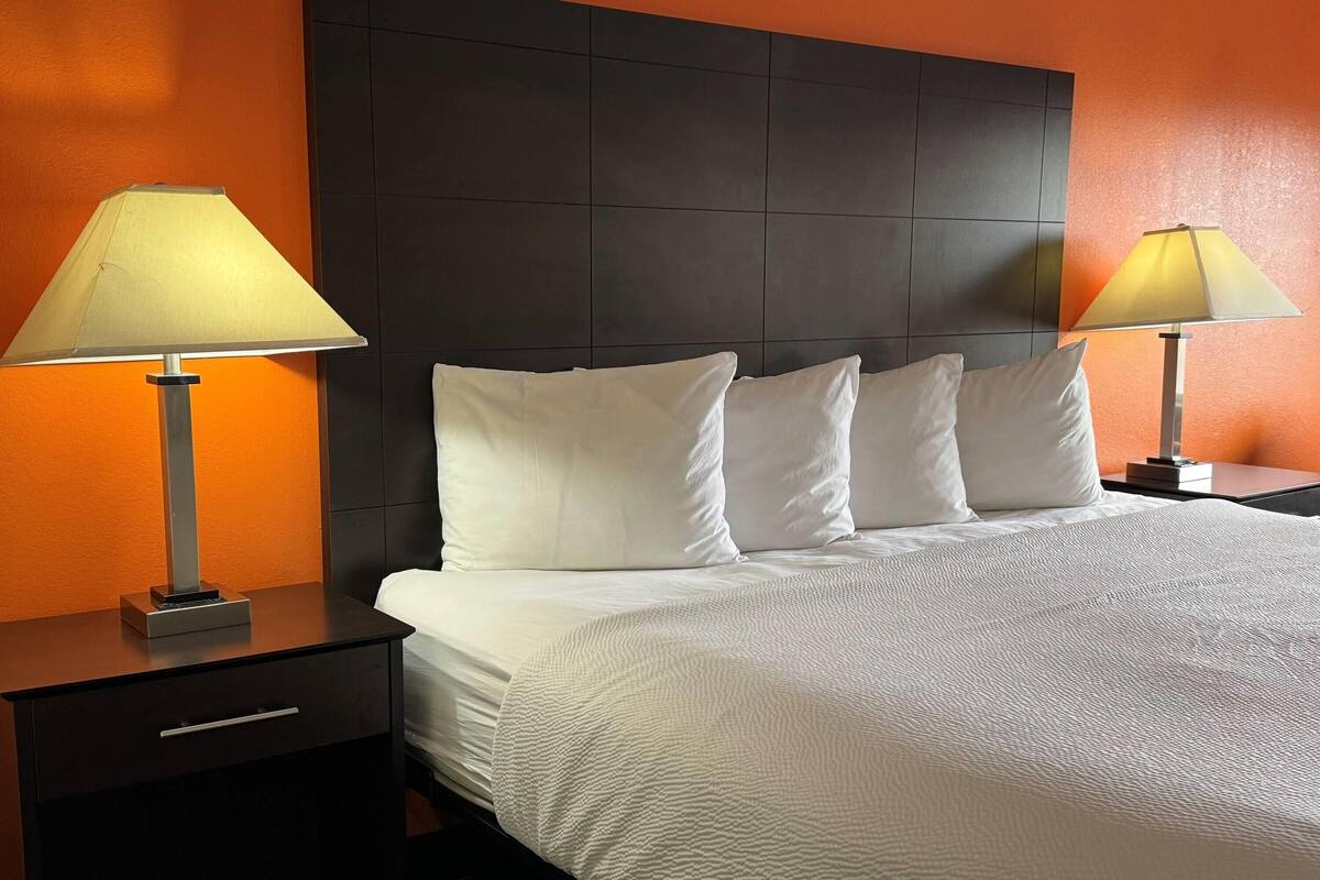 Et hotelværelse med en stor seng, to sengeborde med lamper og en mørk sengegavl.