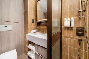 Shower, eco-friendly toiletries, hair dryer, slippers