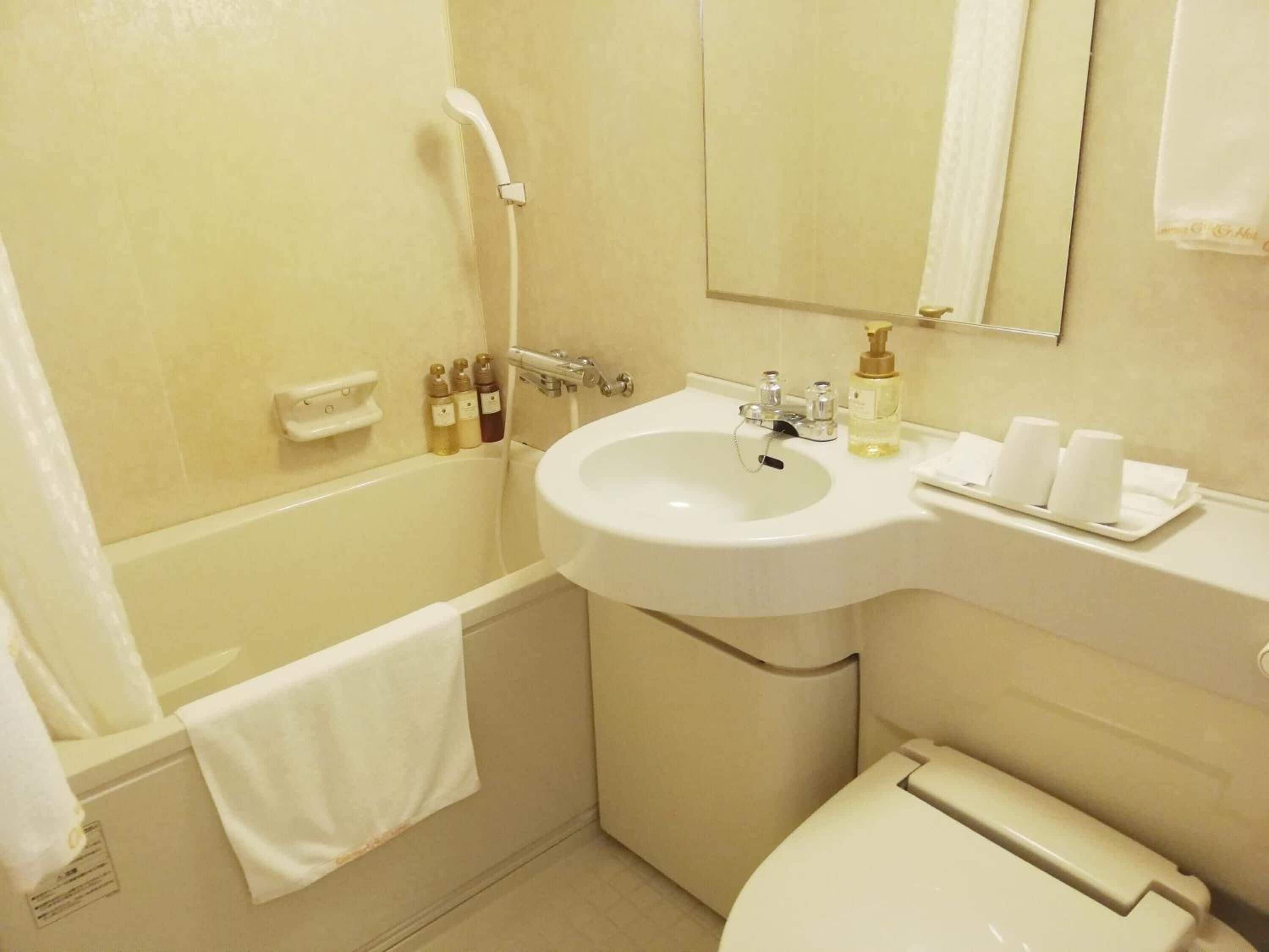 combined shower/bathtub, free toiletries, hair dryer, bidet