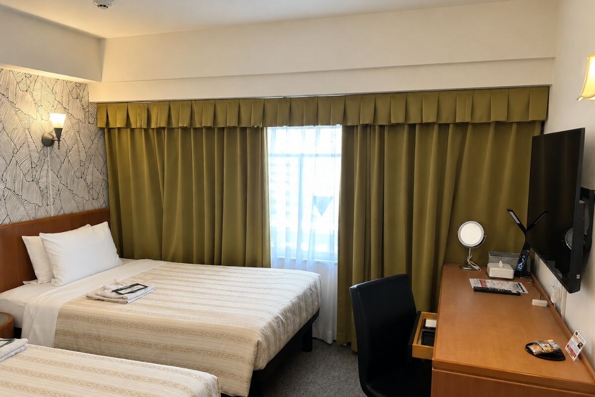 A hotel room with two beds, a desk with a computer, a TV, and a window with curtains.