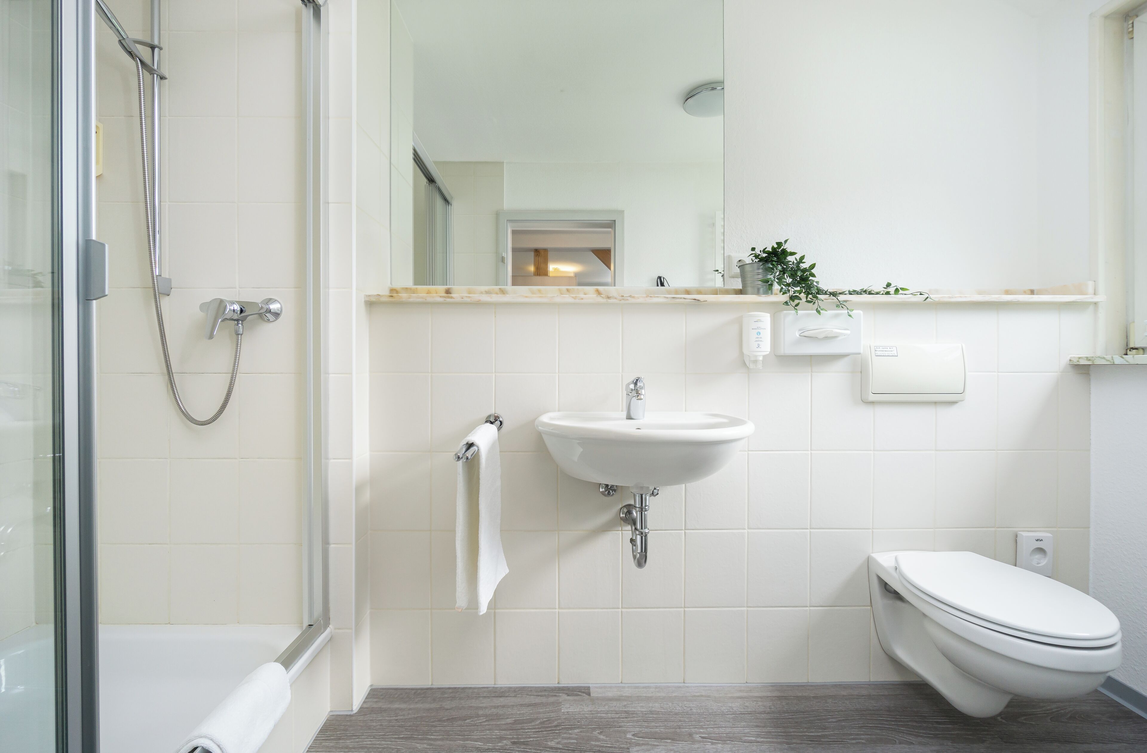 A bathroom with a glass shower enclosure, a white sink, and a toilet.