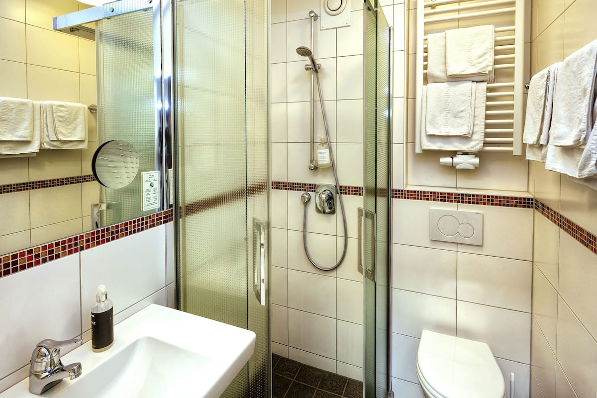 comfort double room | bathroom | shower, hair dryer, towels