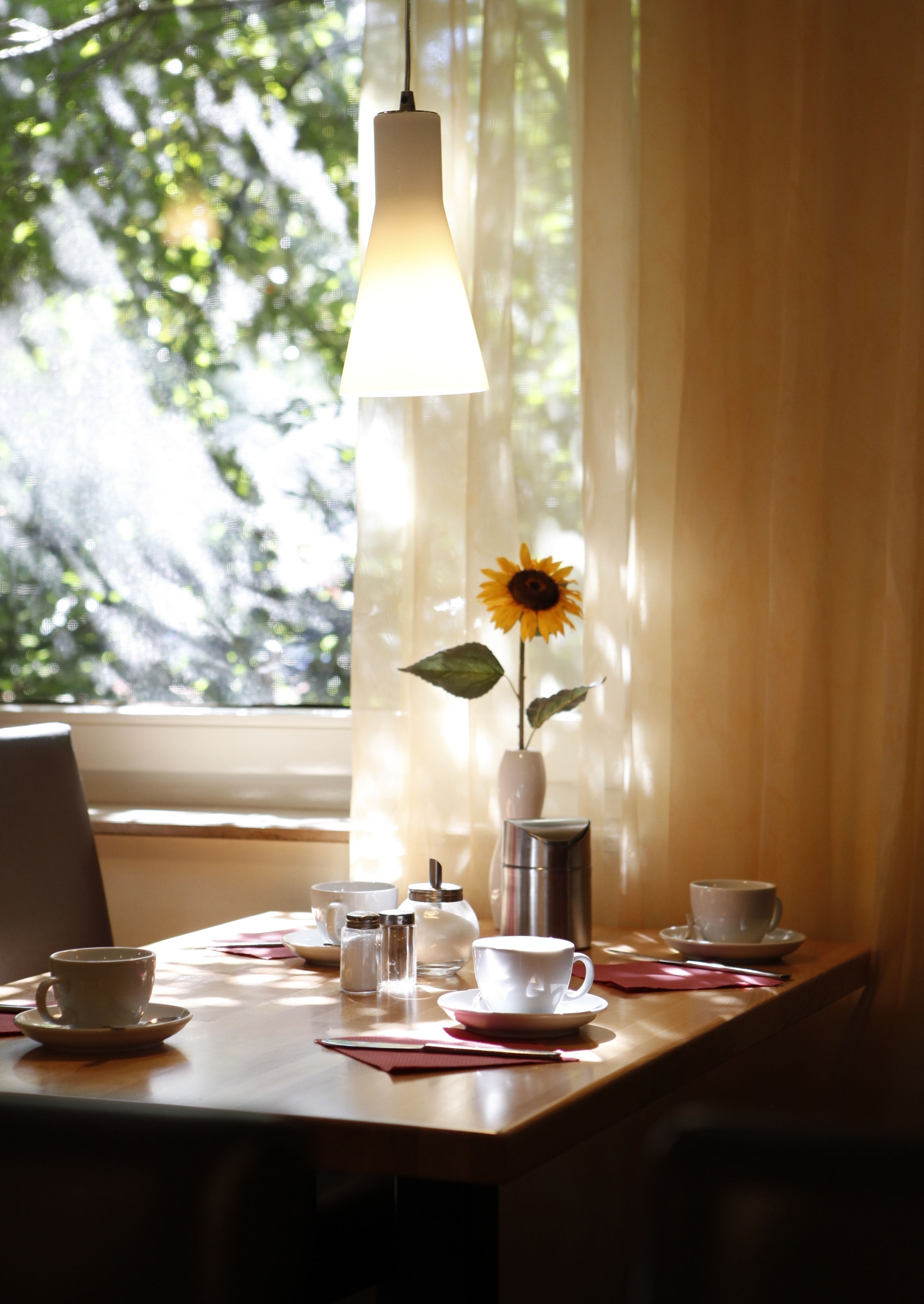 Una mesa con una cafetera, tazas y un florero con un girasol.
