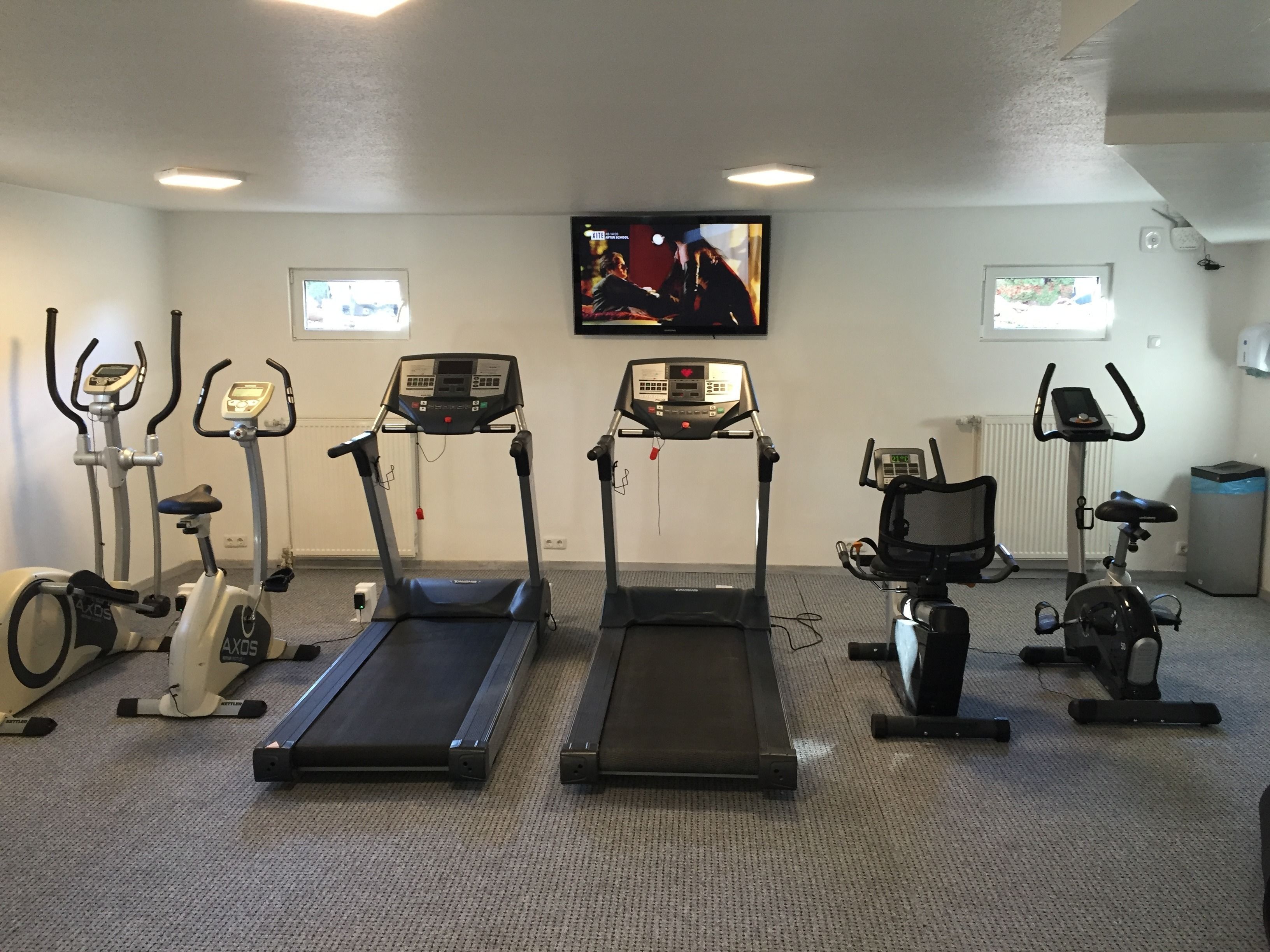 A home gym with treadmills, elliptical machines, and stationary bikes.