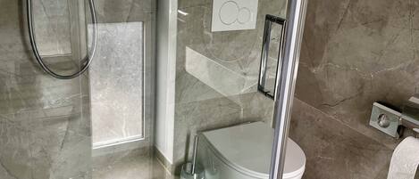 A modern bathroom with a glass-enclosed shower, a toilet, and a towel rack.
