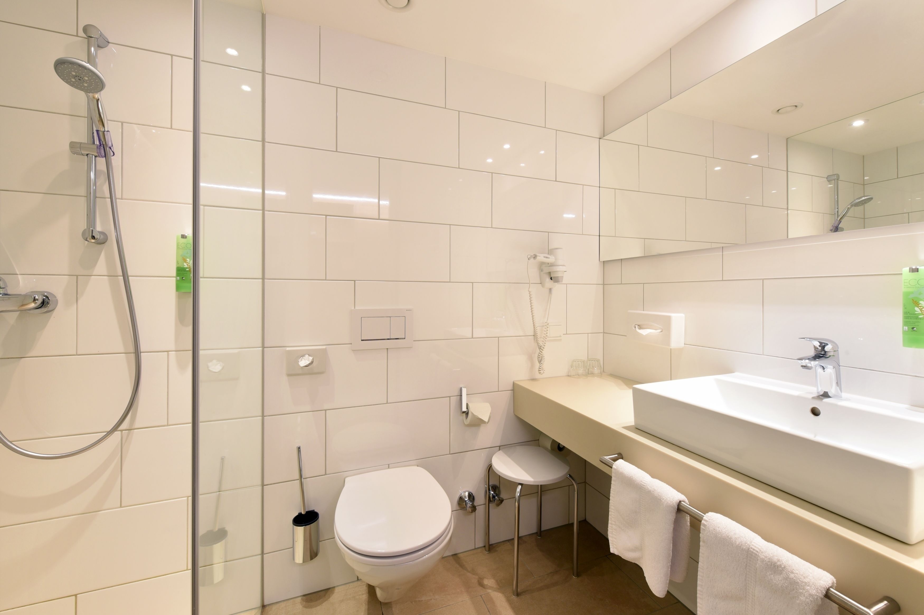 Une salle de bain moderne équipée d’une douche, de toilettes et d’un lavabo.
