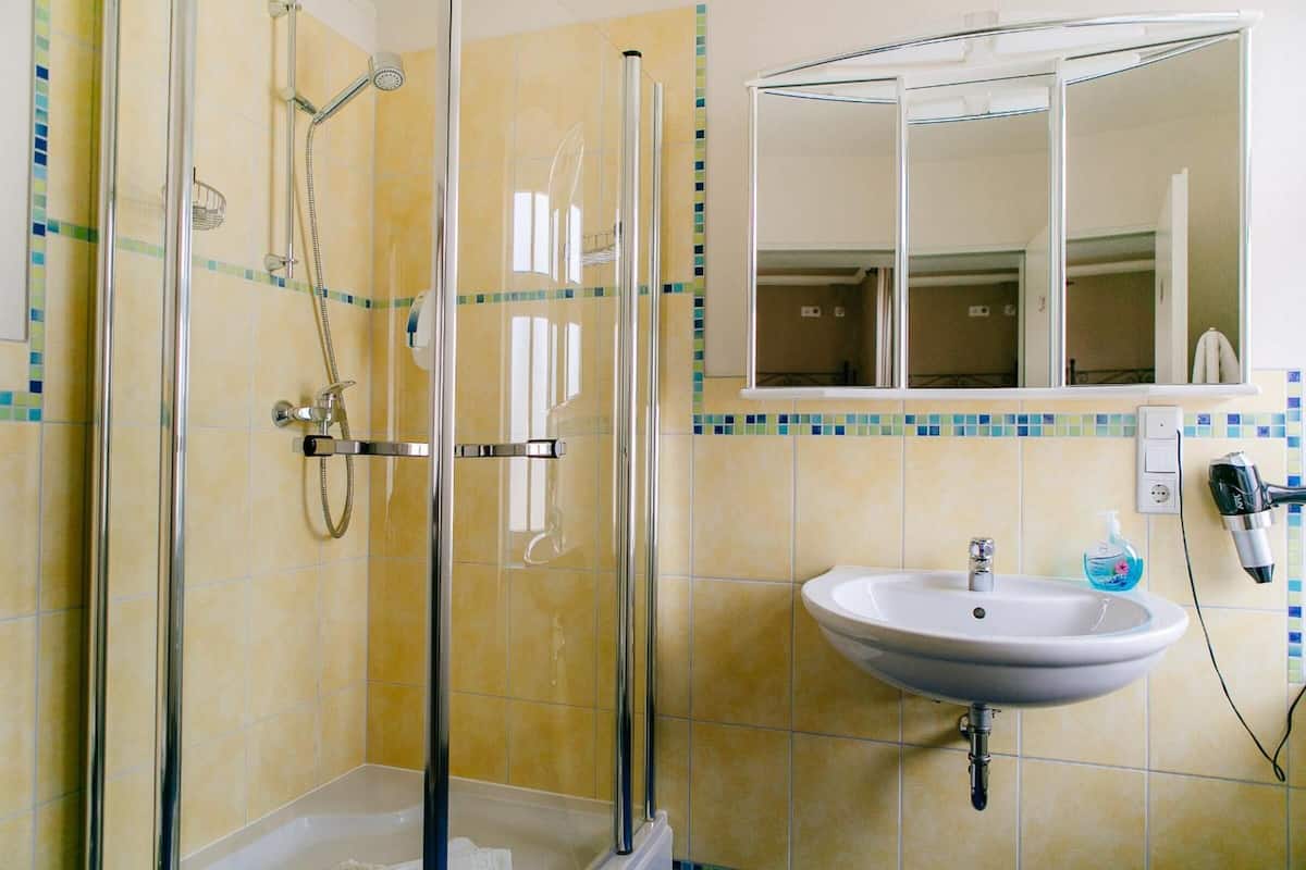 shower, free toiletries, hair dryer, towels