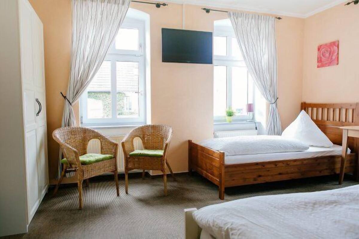 Un dormitorio con una cama de madera, dos sillas de mimbre, un televisor y una ventana con cortinas.