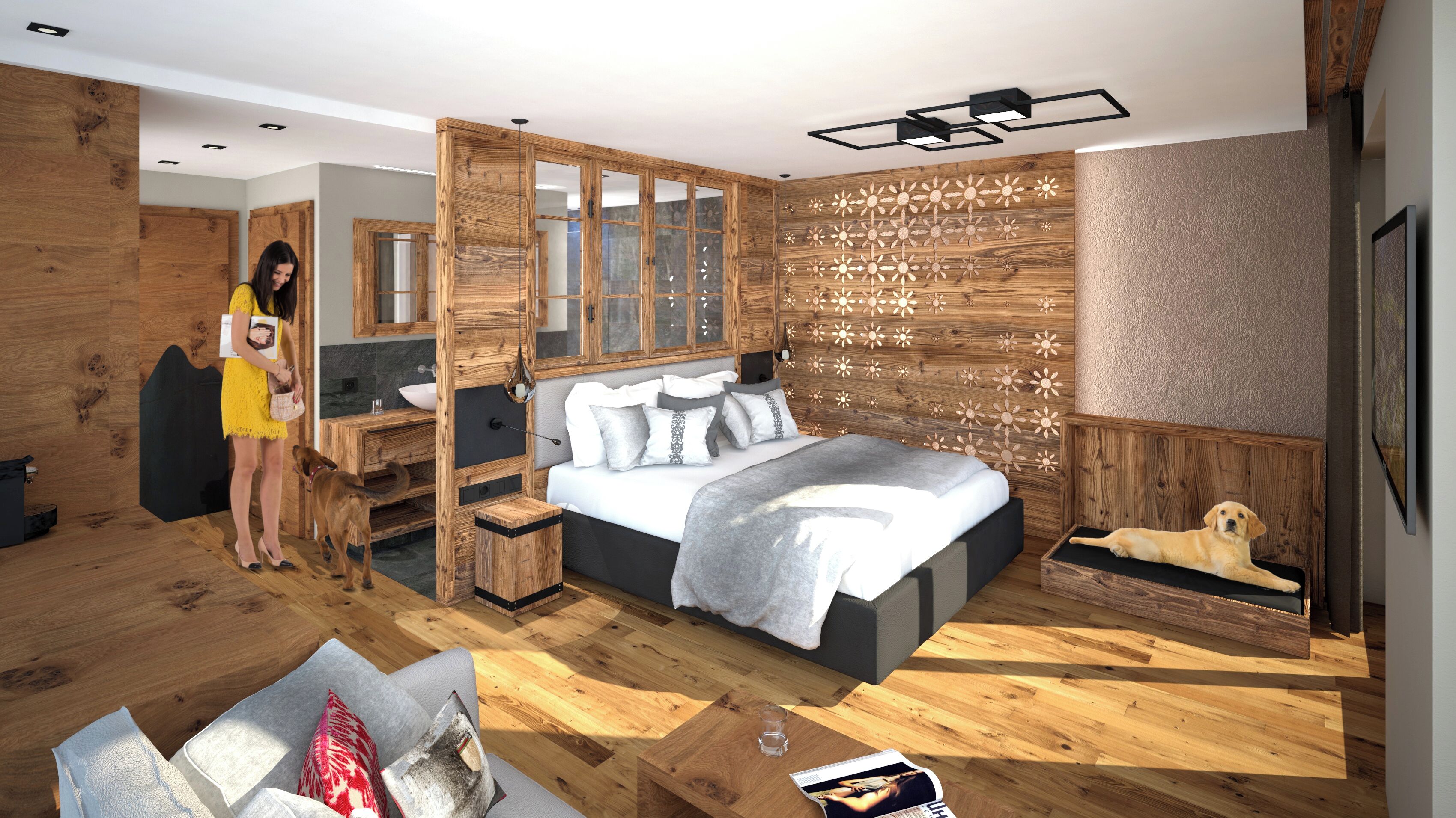 Ein modernes Schlafzimmer mit einem großen Bett, Holzwandverkleidung, einem eingebauten Schreibtisch und einem Hund, der auf einer Holzbank ruht.
