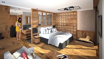 Ein modernes Schlafzimmer mit einem großen Bett, Holzwandverkleidung, einem eingebauten Schreibtisch und einem Hund, der auf einer Holzbank ruht.
