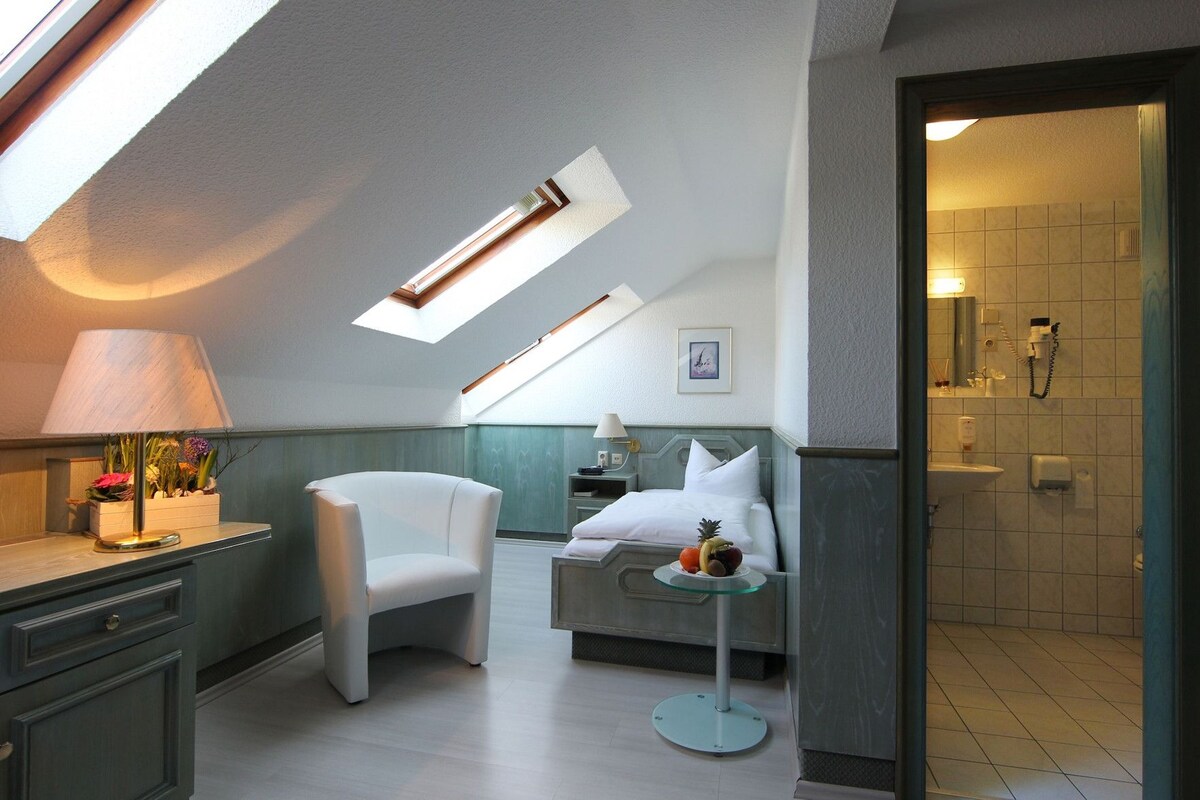 A modern hotel room with a skylight, a bed, a bedside table with fruit, a chair, and a bathroom with a shower.