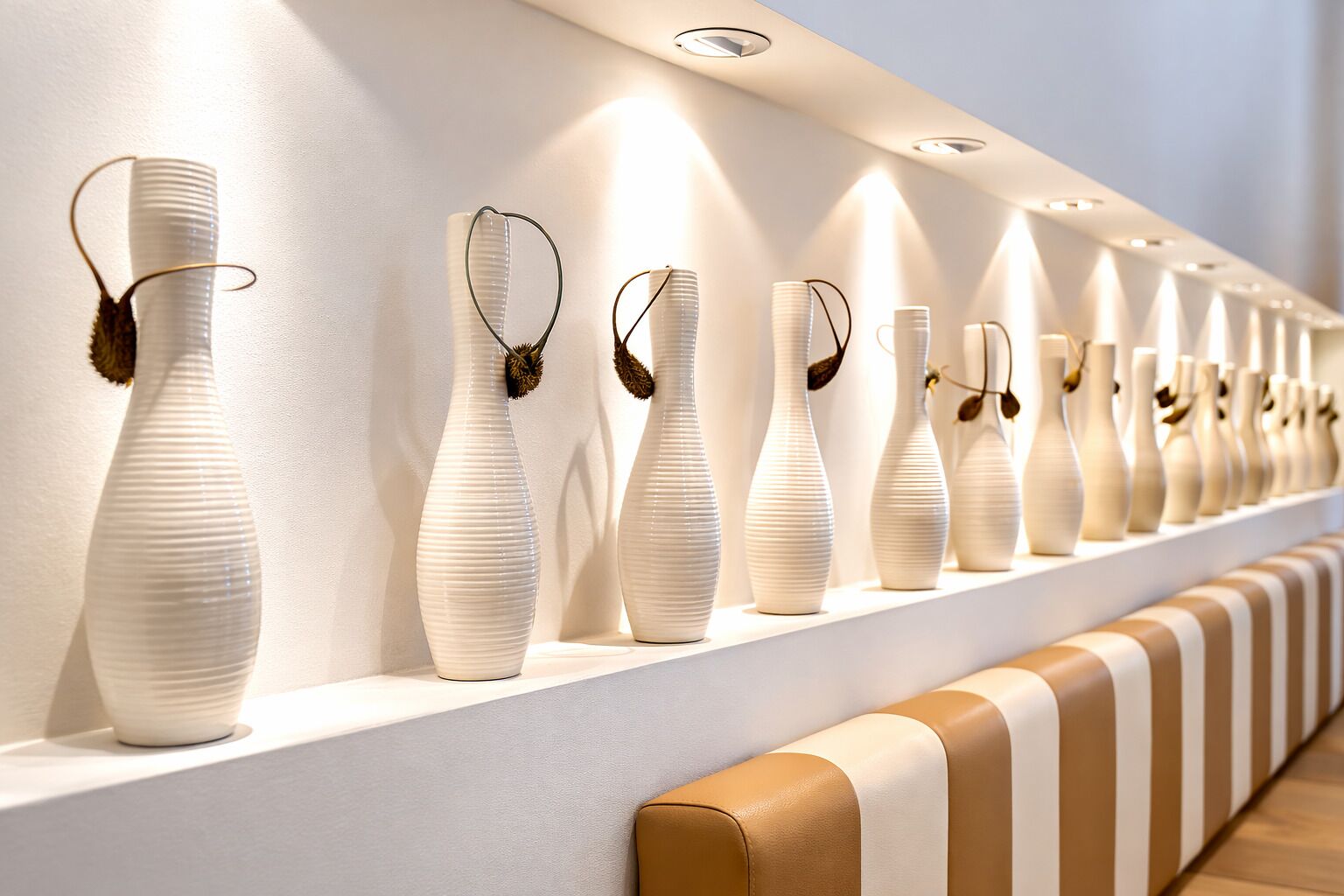 A row of white vases with brown stems on a white shelf against a white wall.