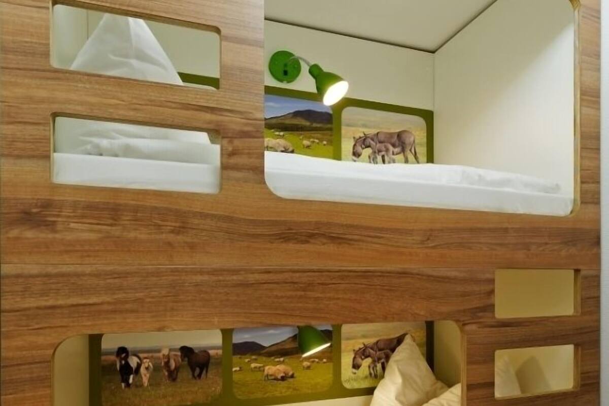 A bunk bed with a wooden exterior and multiple compartments.