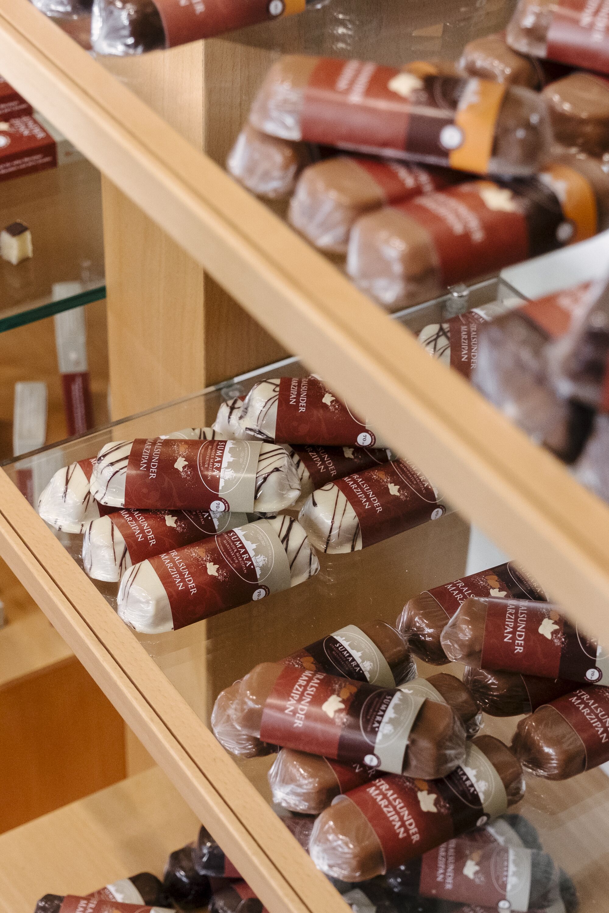 A display of packaged goods in a store.