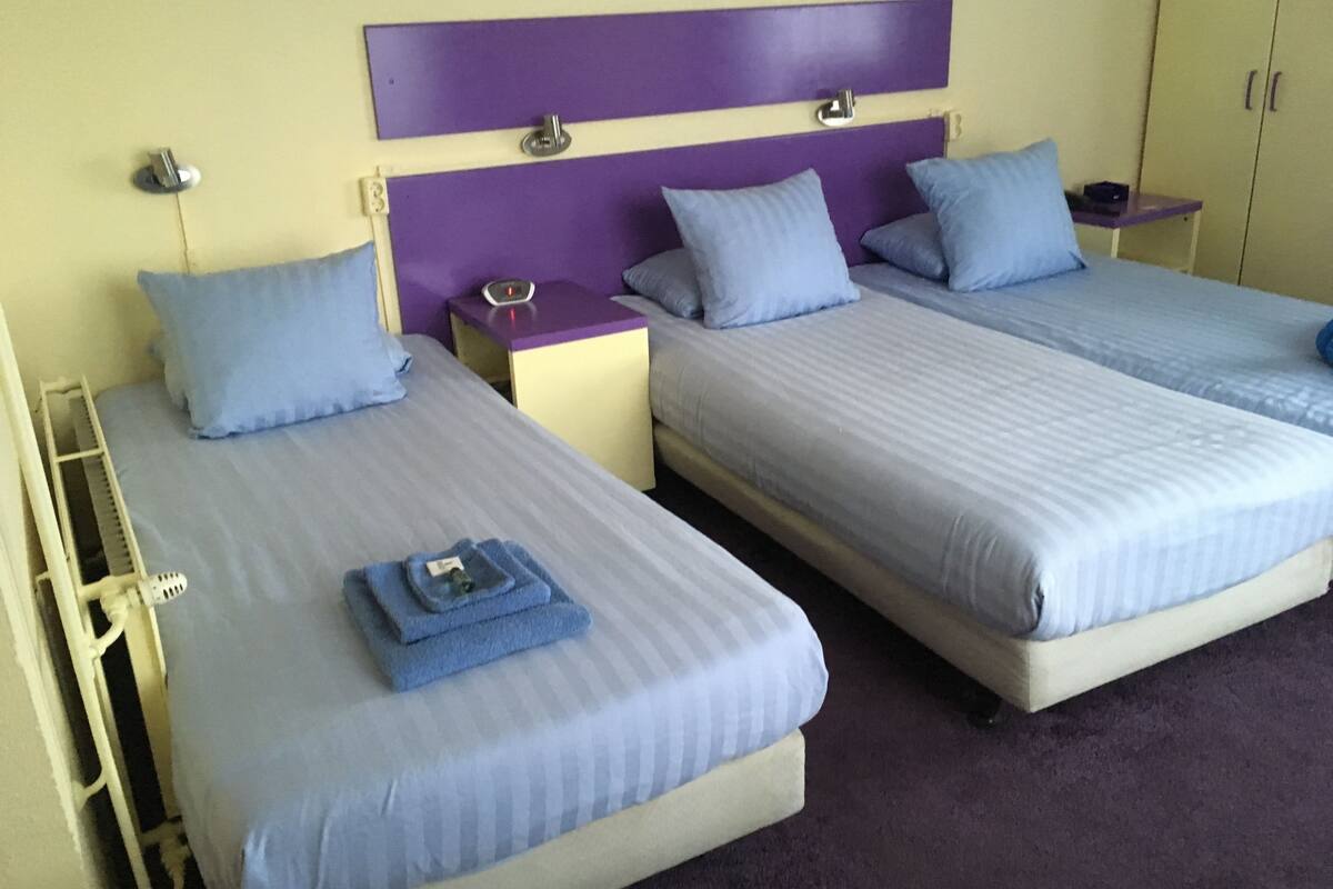 Une chambre d’hôtel avec deux lits, chacun recouvert d’une couverture bleue et agrémenté d’oreillers, un chevet violet, une petite table de chevet avec une lampe et une armoire.