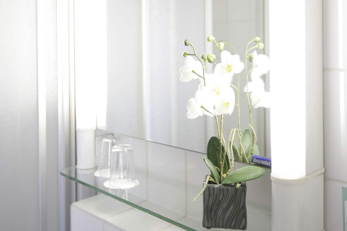 Un baño con repisa de vidrio, una orquídea en maceta y un espejo.