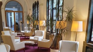 Un hall d’entrée avec des fauteuils en cuir blanc, une moquette rouge et de grandes fenêtres ornées de plantes.