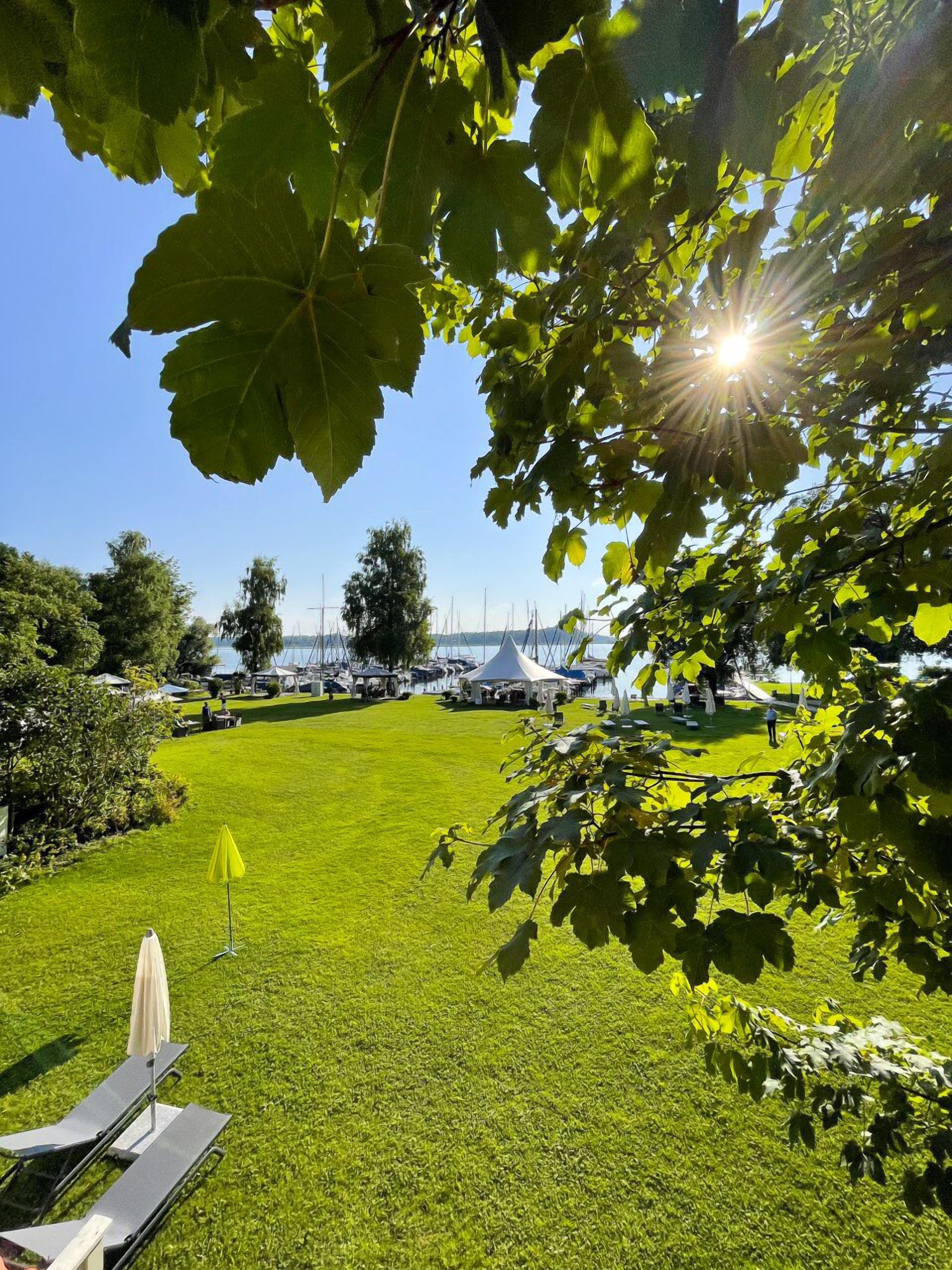 A grassy outdoor area with a clear sky, a body of water, and a row of white tents.