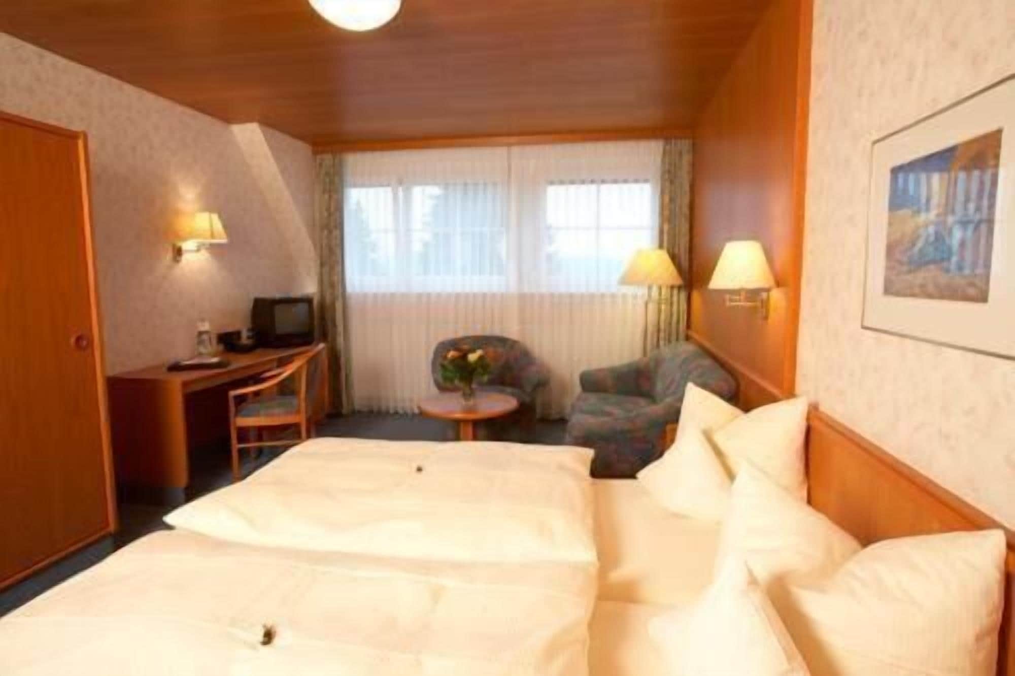 Habitación de hotel con una cama grande, un escritorio con televisor, una silla y una mesita de noche con lámpara.