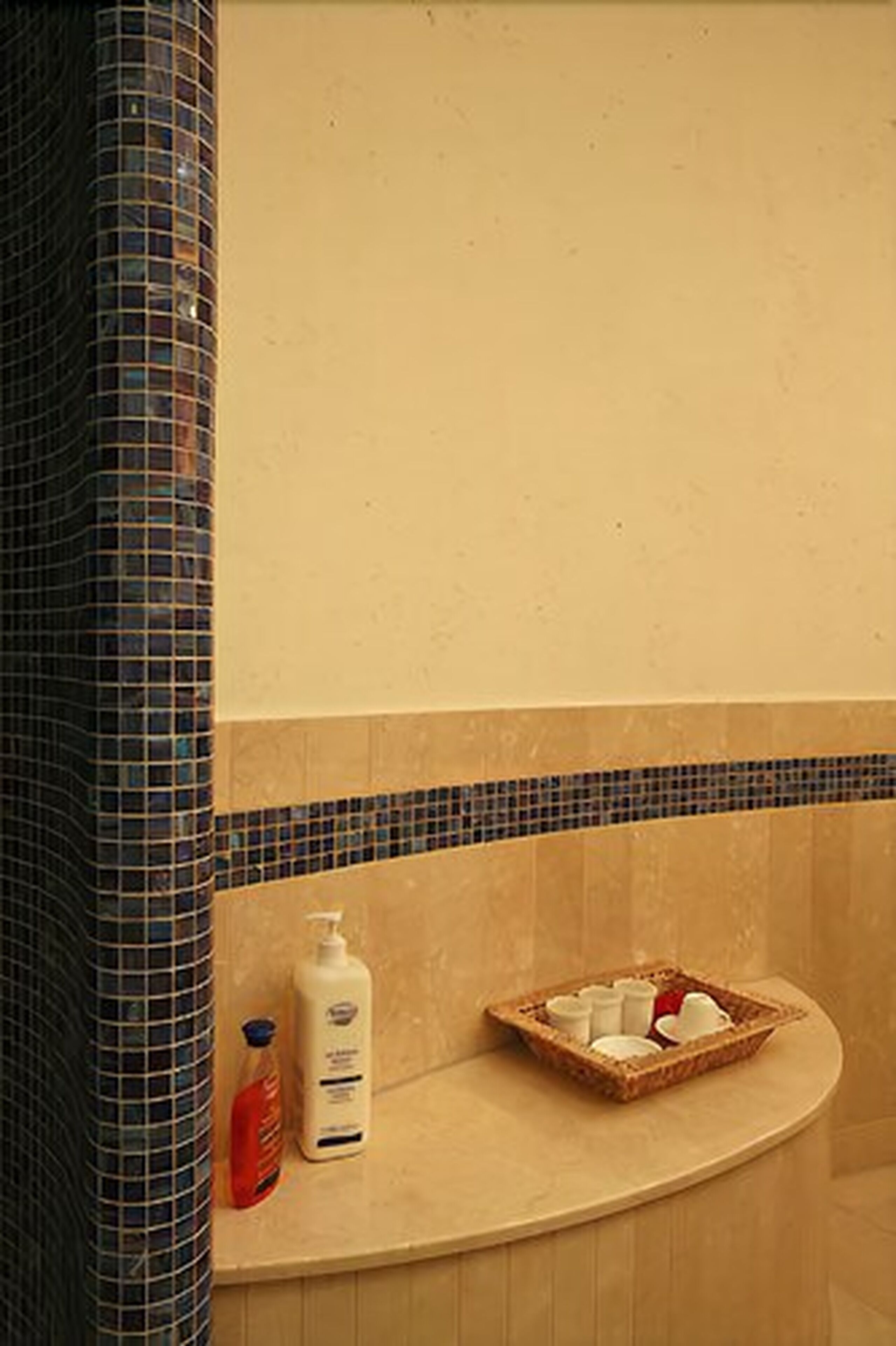 A bathroom with a tiled wall, a bottle of shampoo, and a basket of toiletries.