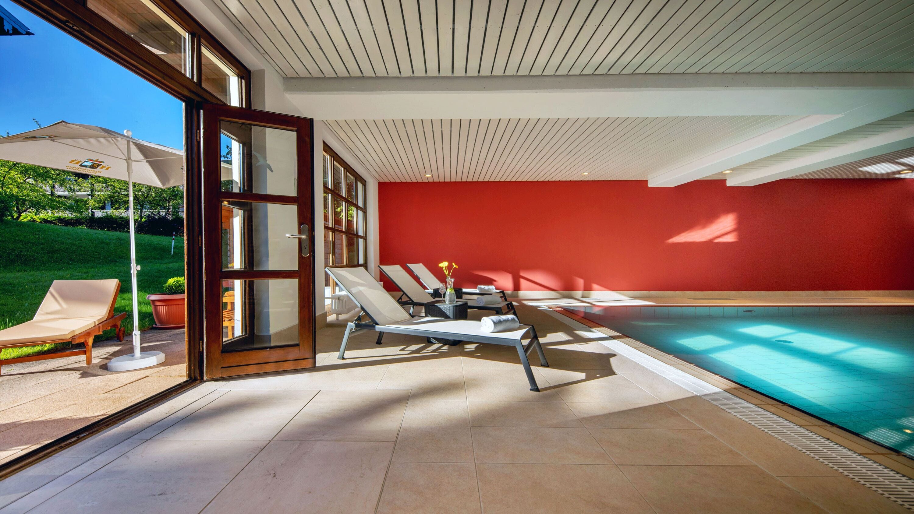 indoor pool, pool loungers