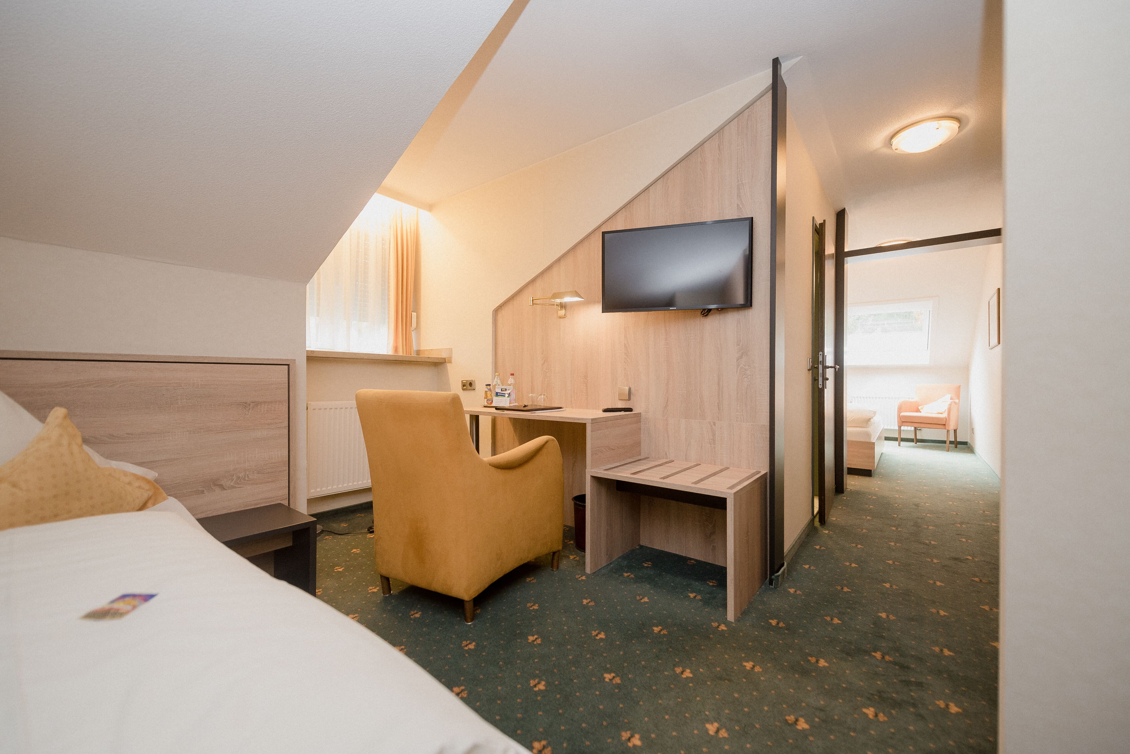 A hotel room with a bed, a desk, a chair, a TV, and a view of the hallway.
