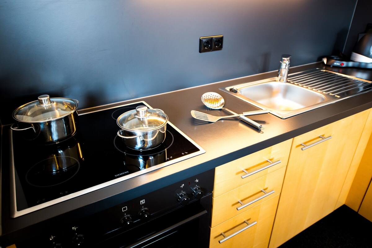 standard double room, 1 queen bed | private kitchenette | full-sized fridge, stovetop, coffee/tea maker, electric kettle